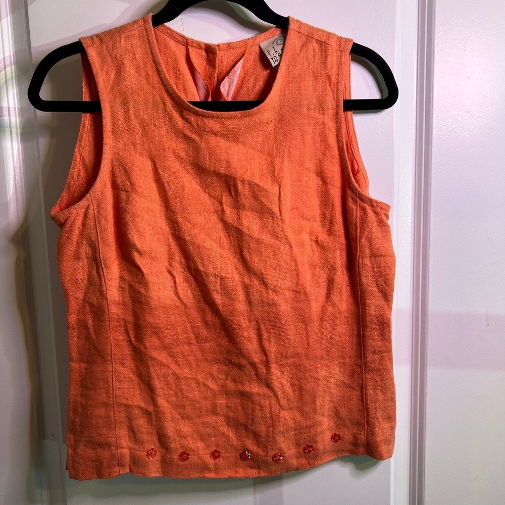 F.L. Malik Women Sleeveless Top 100% Linen Beaded Hem Orange Size S
